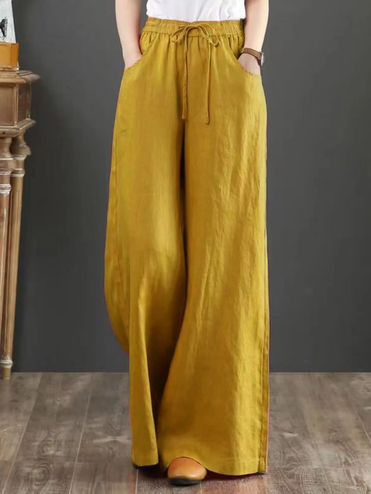 

New Chinese Sle High Waist Cotton Linen Wide Leg Pants Women Summer Casual Straight Long Trousers National Trend