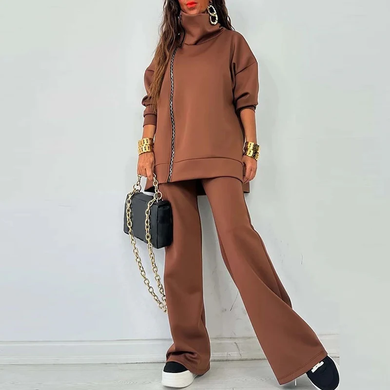 Casual Solid Loose Two Piece Sportwear Winter Fashion 2024 Outfit Women Zip Long Sleeve Sweatshirt&Wide Leg Pants Commuter Suit