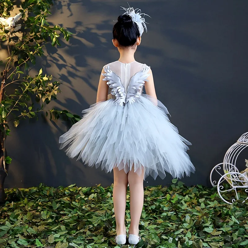 Swan Crystal Tulle Flower Girl Romantic Wedding Banquet Dress Beads Girl Princess Evening Dress Kids Girl First Communion Gown