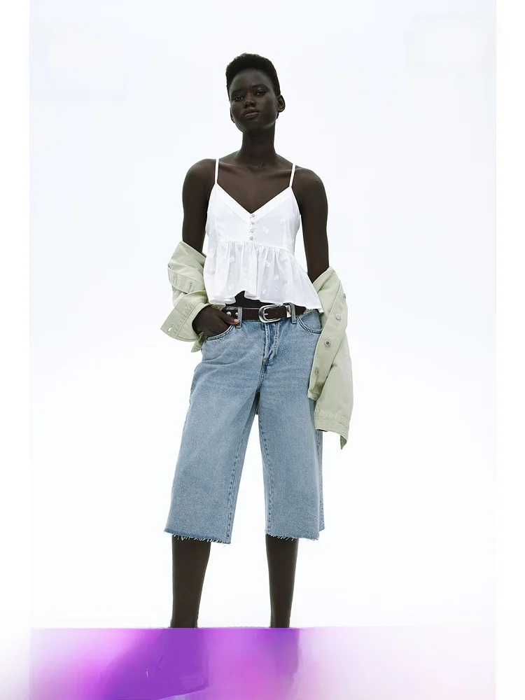 

Low Waist Knee-Length American Style Five-Point Women's Jeans Shorts H&M Cotton 100% Spring Fashion Ladies' Denim Skinnies