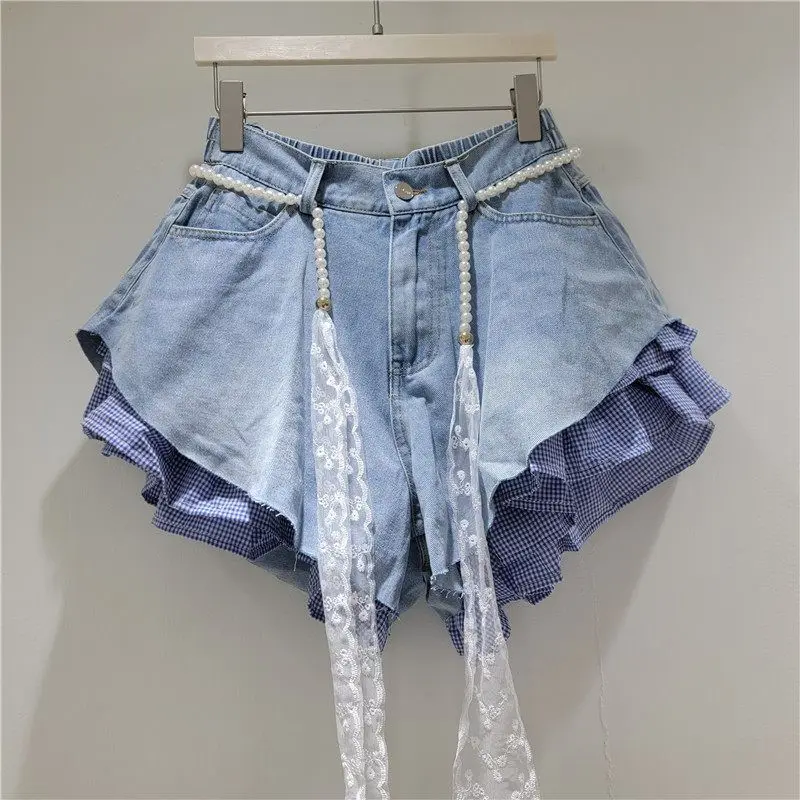 2026 Summer New Candy-colored Denim Plaid Shorts for Women High-waisted Loose Design with A Belt Booty Shorts