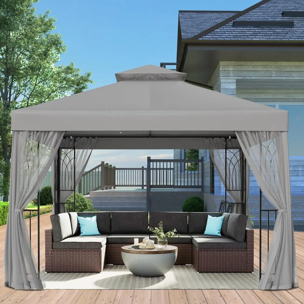 

10x10 Patio Gazebo with Mesh Netting, Double Roof Outdoor Pavilion with Corner Shelves for Lawn, Deck