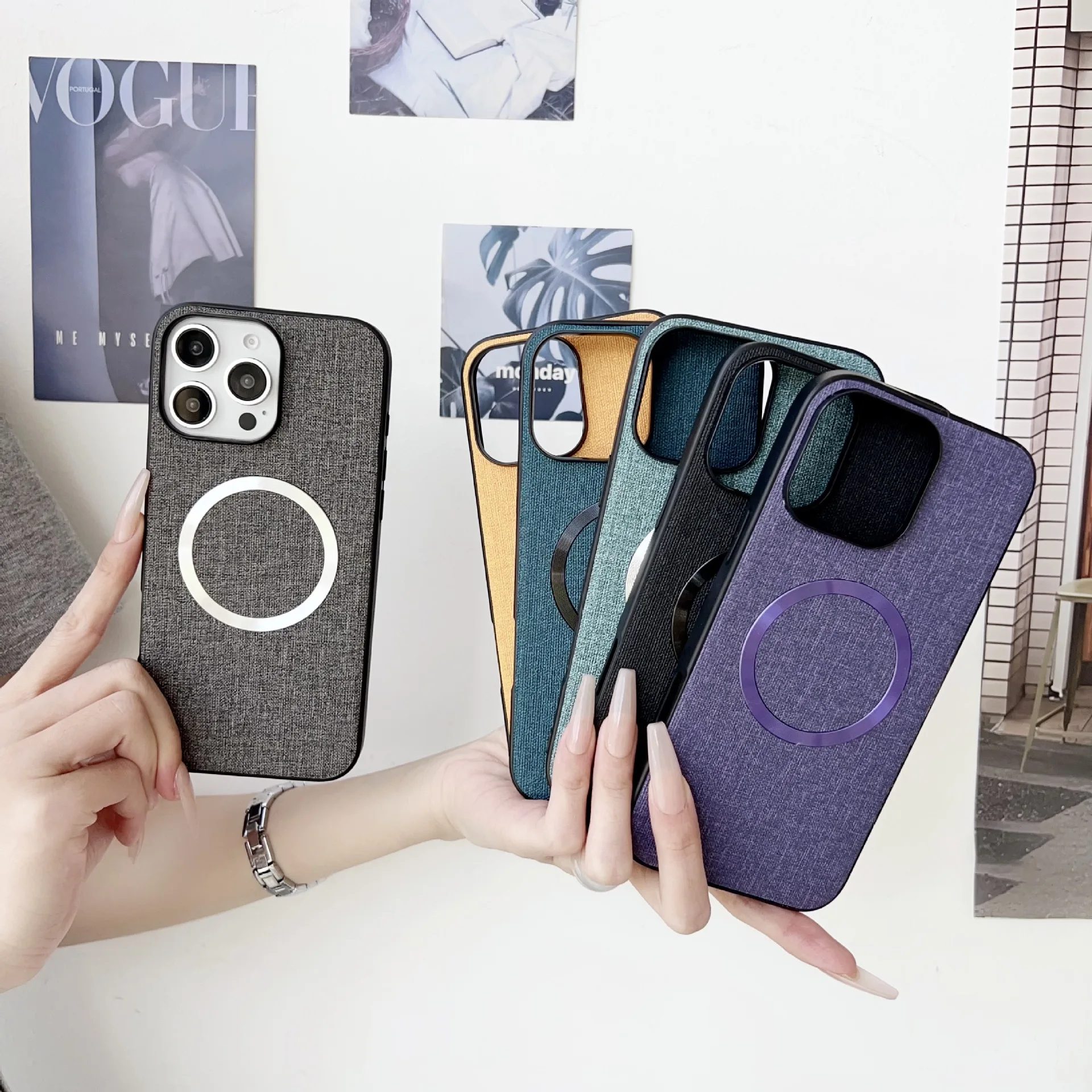 Capa de tecido compatível com MagSafe para iPhone 16/15/14, carregamento sem fio e queda militar testada