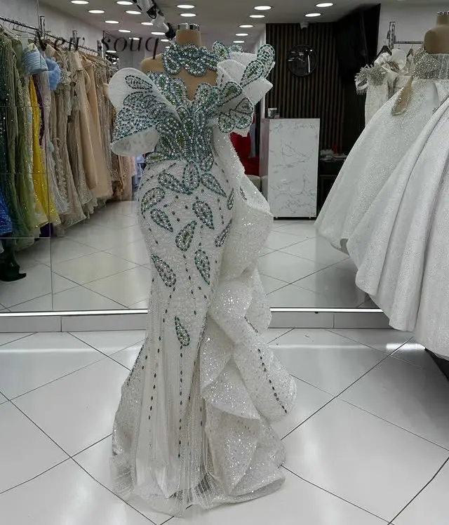 

Designer Sparkly Ivory Mermaid Evening Dresses with Colorful Crystals 2026 Arabic Formal Wedding Night Party Gowns Customized