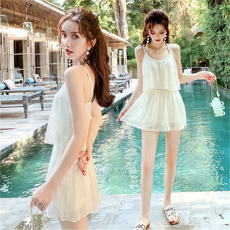 2023 New Korea Style Women One Piece Swimsuit Conservative Lace Mesh Skirted Swimwear Holiday Beachwear