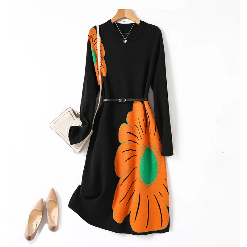 2023 Winter New Flower Jacquard Knitted Long Sleeve Woolen Dress Women's Elastic Loose Large Slim Dress Knee Length Robe