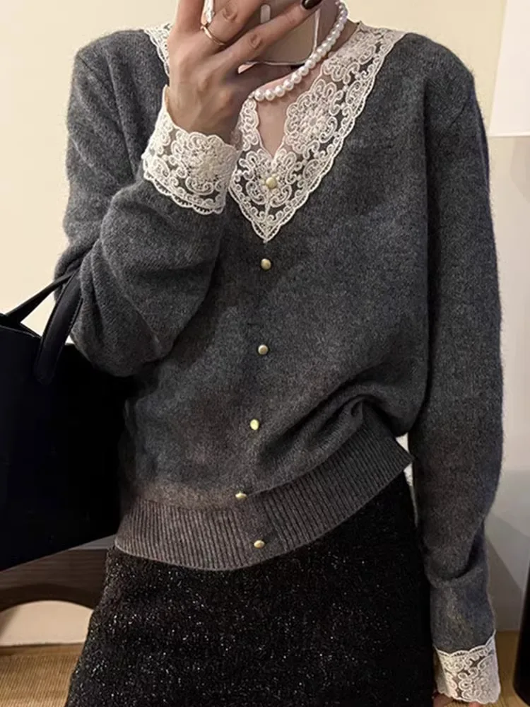 

V-Ne Lace Splice Knitted Sweater Women's Autumn Winter Faion Soft Sle Long Sve Thermal Regular Thin Single Piece