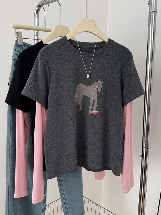 

Весенняя женская футболка с длинным рукавом, розовая, с принтом и лоскутным узором, универсальный топ в корейском стиле, свободный крой, полиэстер...