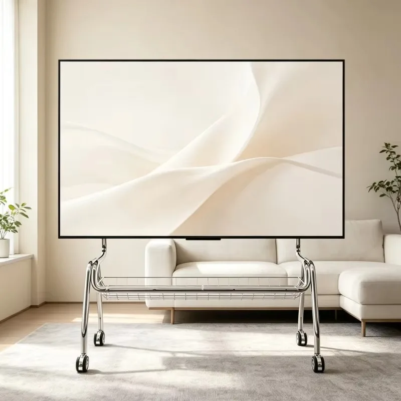 Nordic Stylish Metal TV Floor Stand with Mobile Wheels Grid Tray Multi Purpose Media Cart for TVs Stable Base Easy To Relocate