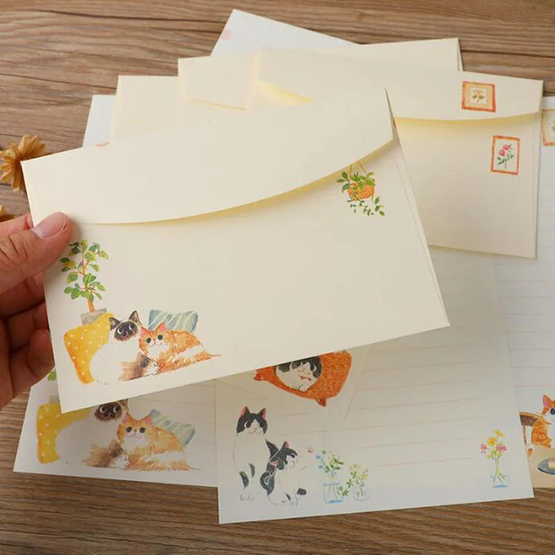 3 Envelope 6 Letter Paper Set Creative Animal Cats A5 Floral Letterhead Set Beautiful Western Style Small Envelope Stationery