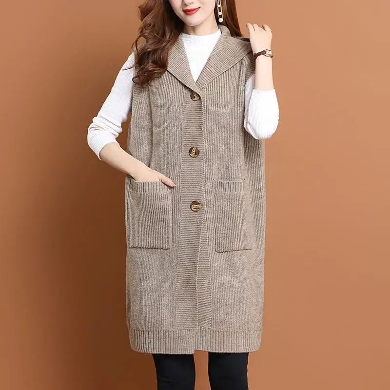 

New Women Clothing Korean Fashion Oversize Hooded Sweater Vest Elegant Sleeveless Pockets Button Knitted Cardigan Long Waistcoat