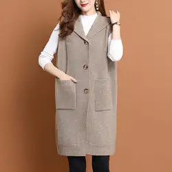 New Women Clothing Korean Fashion Oversize Hooded Sweater Vest Elegant Sleeveless Pockets Button Knitted Cardigan Long Waistcoat