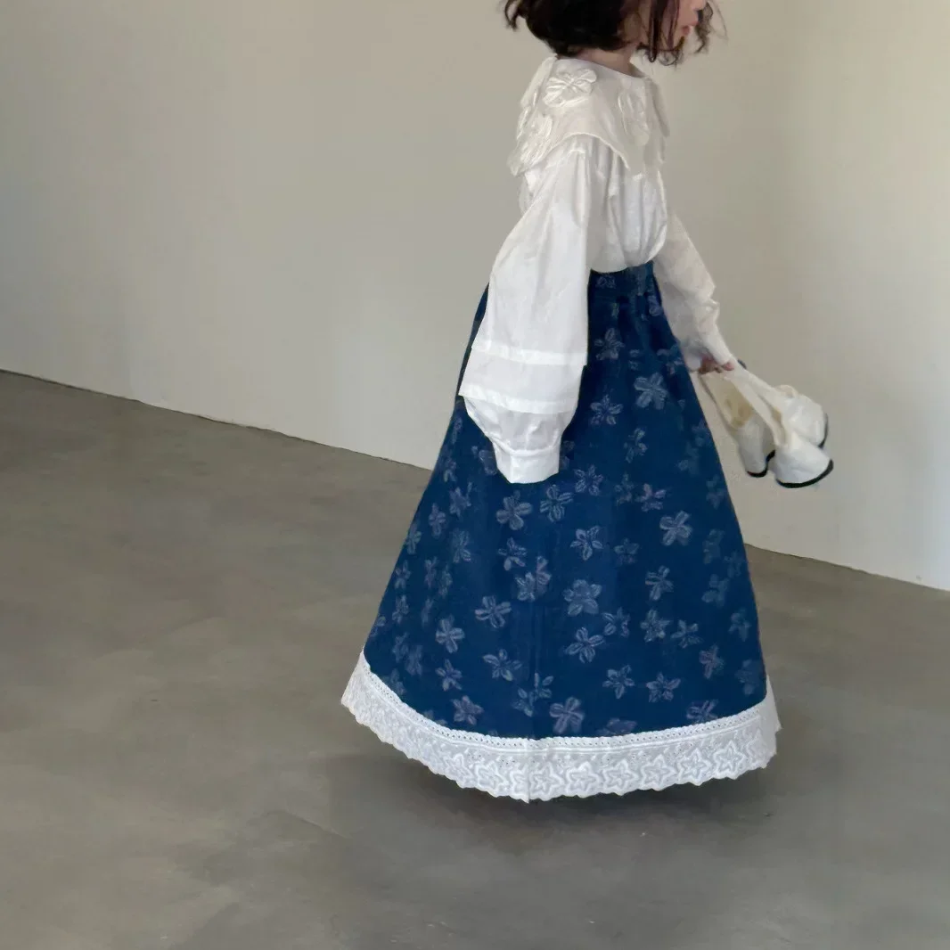 تنورة الفتيات 2025 ربيع جديد الكورية كل مباراة مرونة الخصر زهرة الدانتيل الدنيم تنورة غير رسمية ملابس الاطفال الفتيات #3