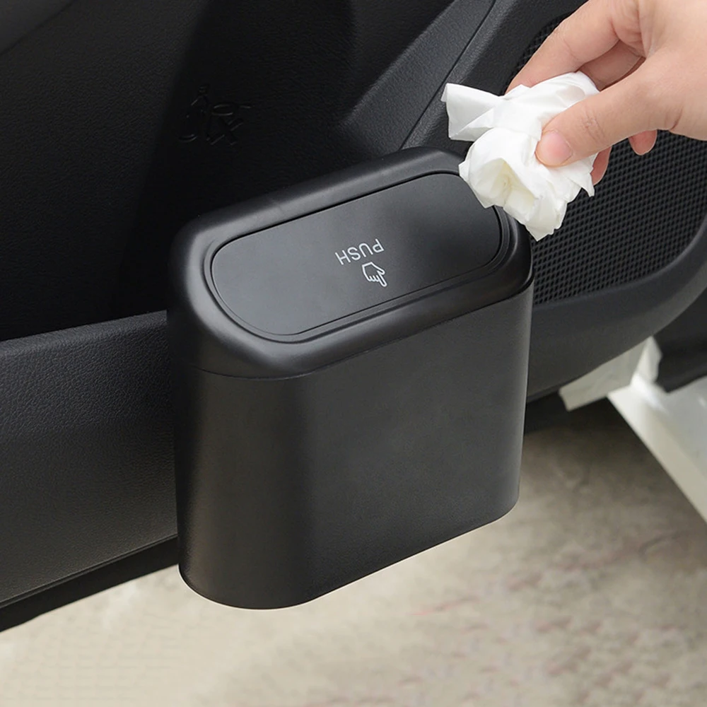 

Car Dust Case Trash Bin Hanging Vehicle Garbage Storage Box Plastic Pressing Square Trash Can Type Auto Car Interior Accessories