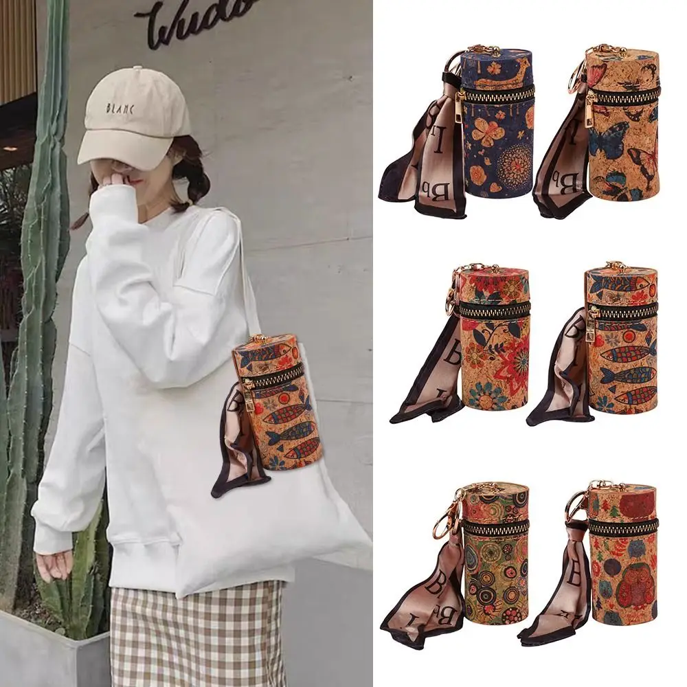 

Multifunctional PU Mini Lipstick Bag Wood Grain Cartoon Printed Bag Pendant Cylindrical Headphone Bag Bag Accessories