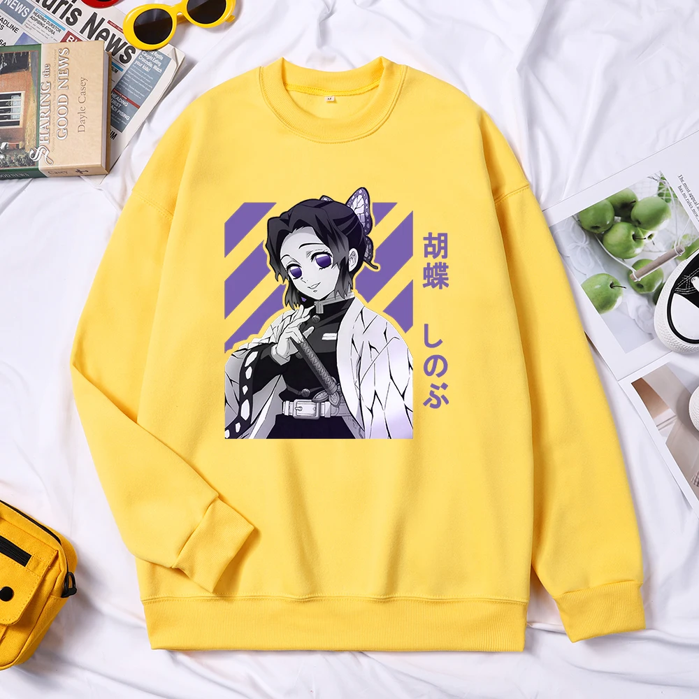 Anime Demon Slayer Kochou Shinobu Women Tops Fleece All-match Pullover Harajuku Loose Sweater Crewneck Fleece Female Clothing