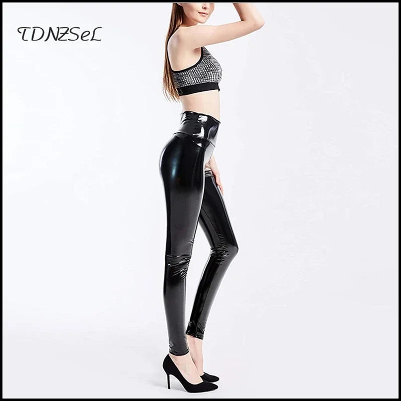 Women High Waist Shiny PU Bodycon Pencil Pants Ladies Stretch Faux Leather Slim Trousers Lady Skinny Leggings Sexy Autumn Custom