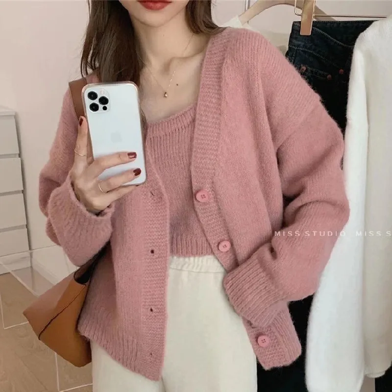 Women Knitted Cardigan+Camisole Two Piece Set Suit Women Autumn Winter Cropped Cardigan Cardigan Mujer