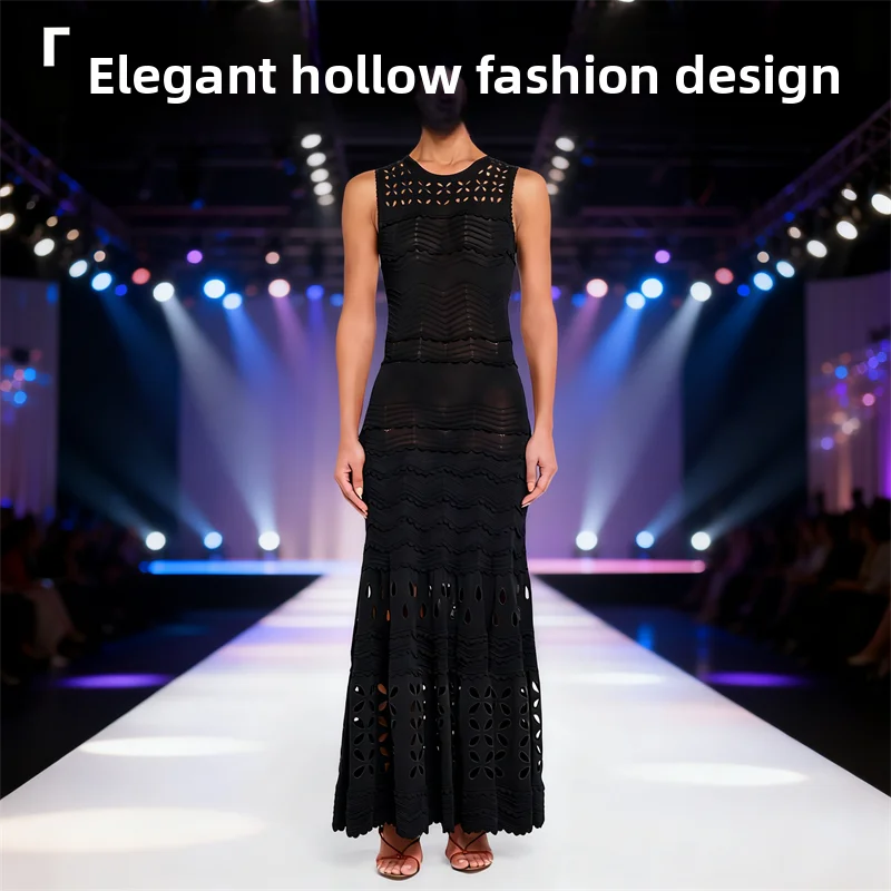 French High Quality Women's Hydrangea Crochet High Elastic Wave Cut Hollow Round Neck Sleeveless Knitted Vest Long Dress