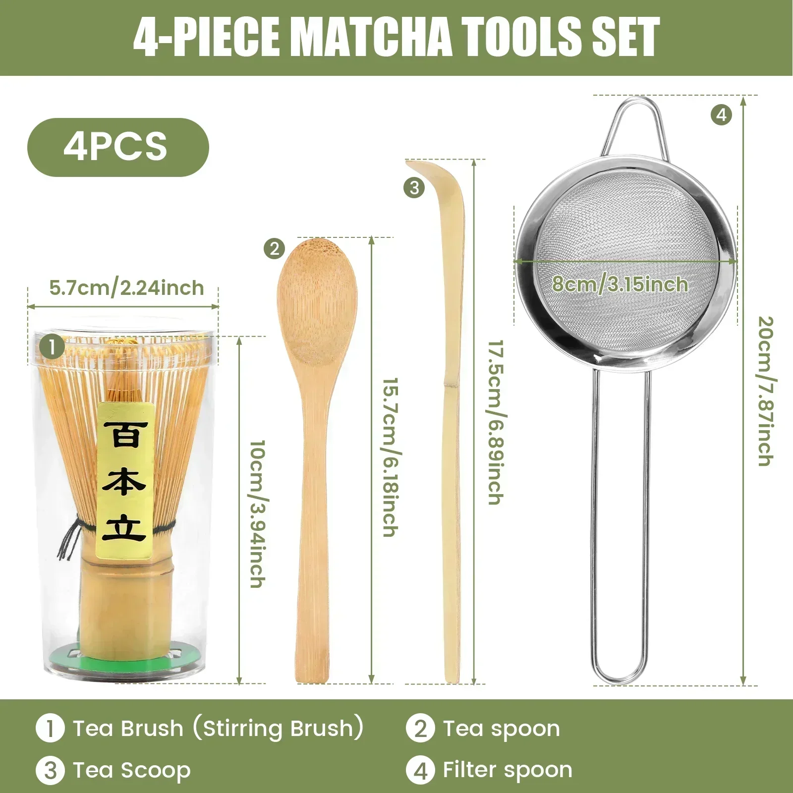 4Pcs Matcha Whisk Set Handmade Bamboo Matcha Whisk Traditional Tea Scoop Deep Scoop Tea Strainer Clear Whisk Storage Holder