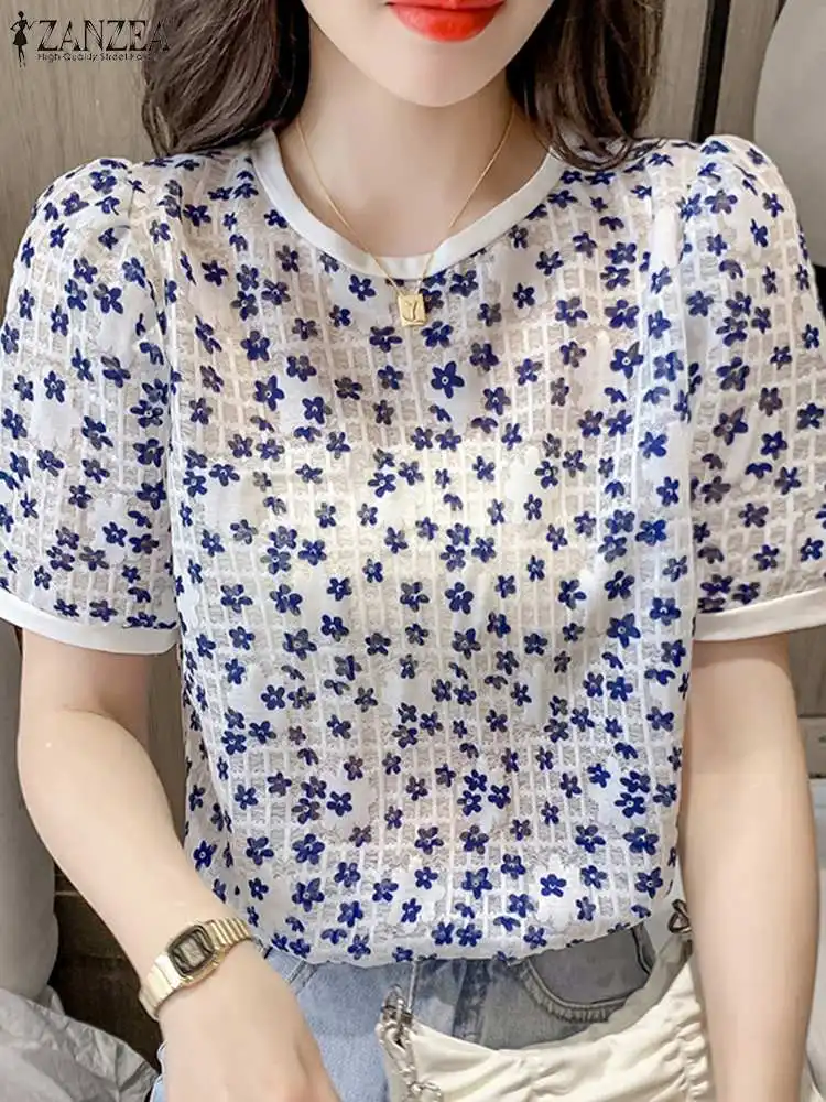 

ZANZEA Floral Print Korean Fashion Blouses O Neck Office Wear Puff Sleeve Casual Shirt Women Elegant Textured 2024 Summer Blusas