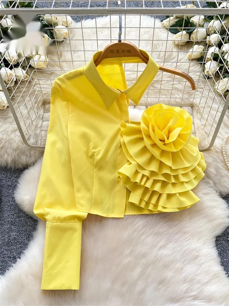 

3D Floral Party Blouse Off Shoulder Designer-Inspired Office Lady Shirt Ladies Irregular Hollow Out Trendy Sensual Top