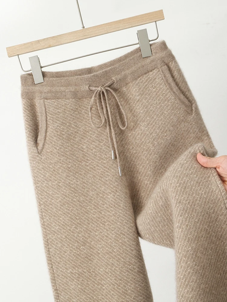 TLOML الرجال 100% ميرينو الصوف تريكو السراويل سميكة الجاكار الذكية بناطيل كاجوال الخريف الشتاء الكشمير مرونة الخصر لينة بانت