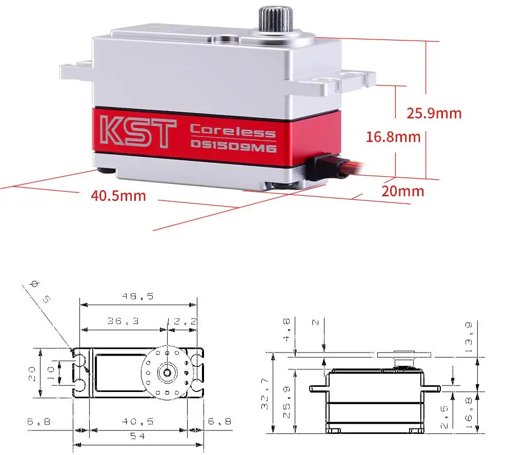 KST DS1509MG engranaje de Metal sin núcleo, Servo Digital de bajo perfil, 12,8 kg.cm, 0.07seg, para aviones, coches RC