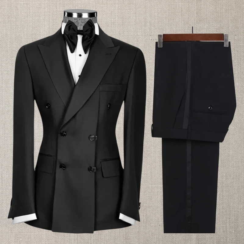 Double Breasted Wedding Tuxedo Slim Fit Split Formal Suits for Men Male Fashion Set 2 Pieces Custom Made Jacket with Black Pants