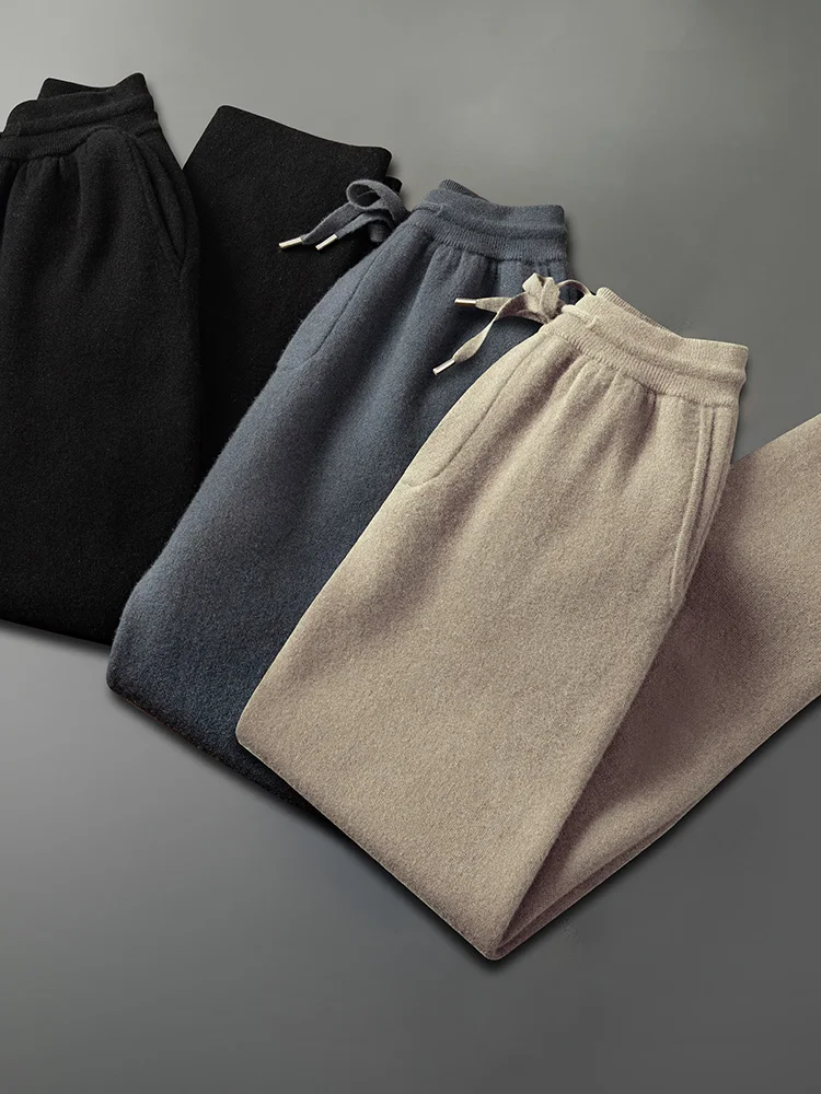 Autumn Winter 100% Goat Cashmere Men's Straight pants Soft Warm High Waist Trousers Air Layer Thickened Knitwear Pants Popular