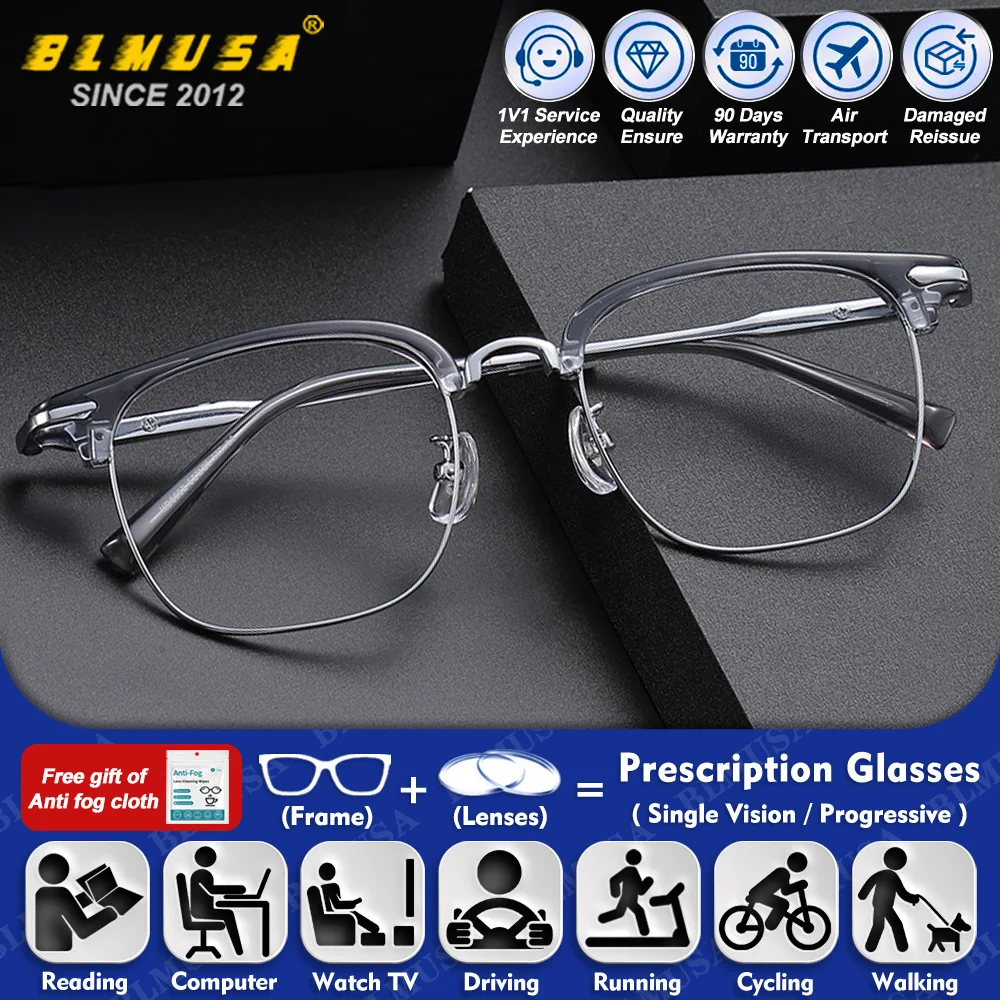 

BLMUSA (M) Vintage Neutral Alloy Myopia Photochromic Prescription Glasses High Quality Blue Light Blocking Progressive Eyeware