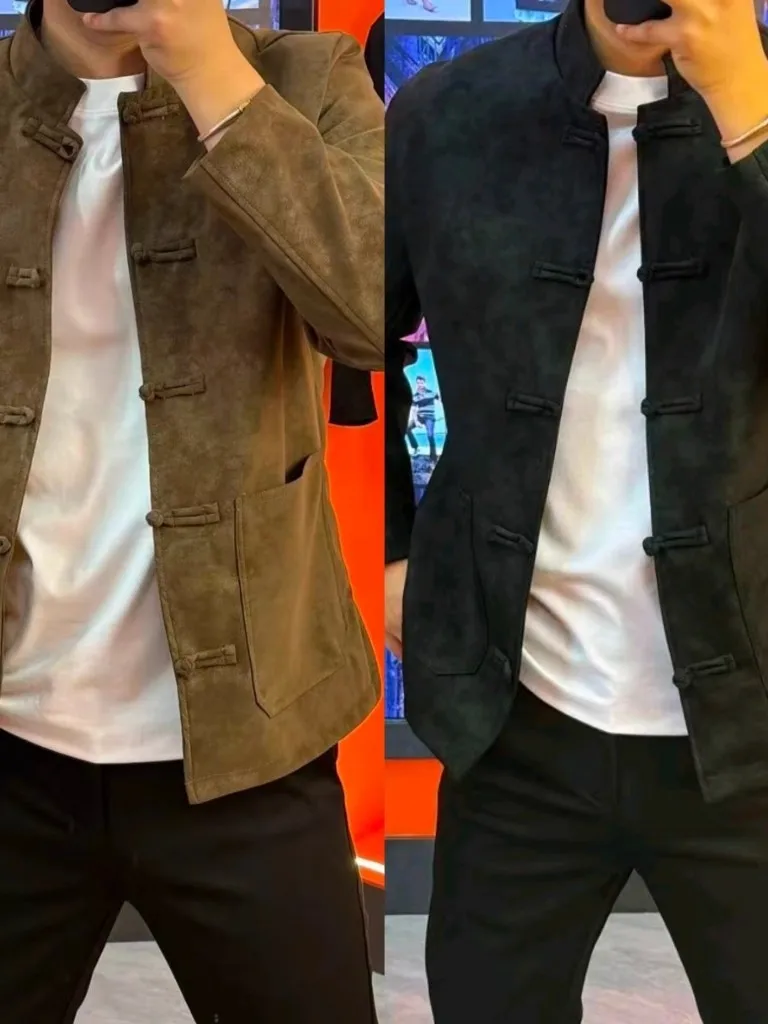 

Spring Autumn Men's Slim Fit Traditional Chinese Sle Jaet with Button Decor Casual Versatile High End Feel Faionable Brand