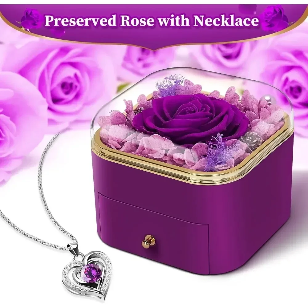 Preserved Real Rose with Heart Necklace, Romantic Forever Eternal Flower for Birthday Anniversary Christmas