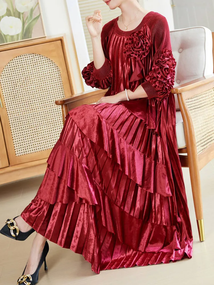 LANMREM New Fashion Pleated Dress Round Neck Sticthing Ruffles Loose Wedding Evening Dresses Women's Elegant Clothing 2DB1915