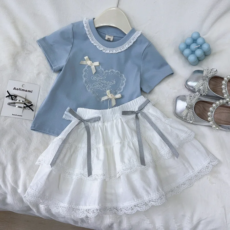 

Children's Outfit Set Skirt New Summer Girls' Stylish Lace Trim Collar Short Sleeve Top Half Skirt Two-Piece Set