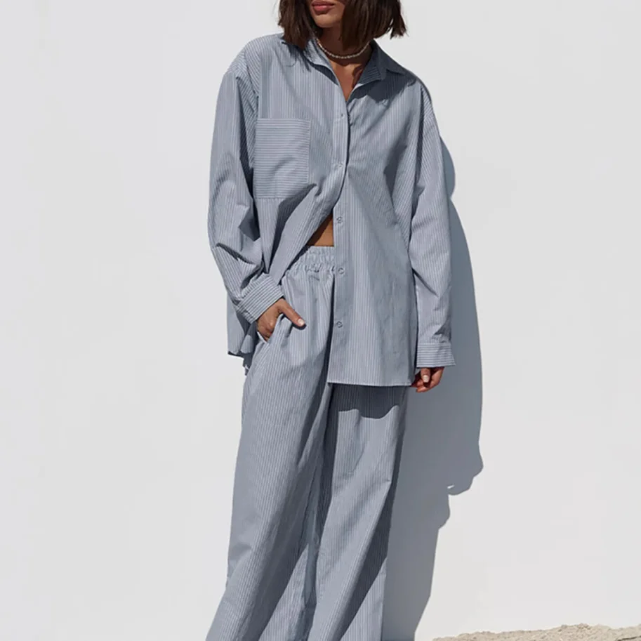 

Повседневная полосатая свободная длинная толстовка с капюшоном и брюки све, комплект из двух предметов для молодых женщин, хлопковая рабочая одежда, летняя модная одежда