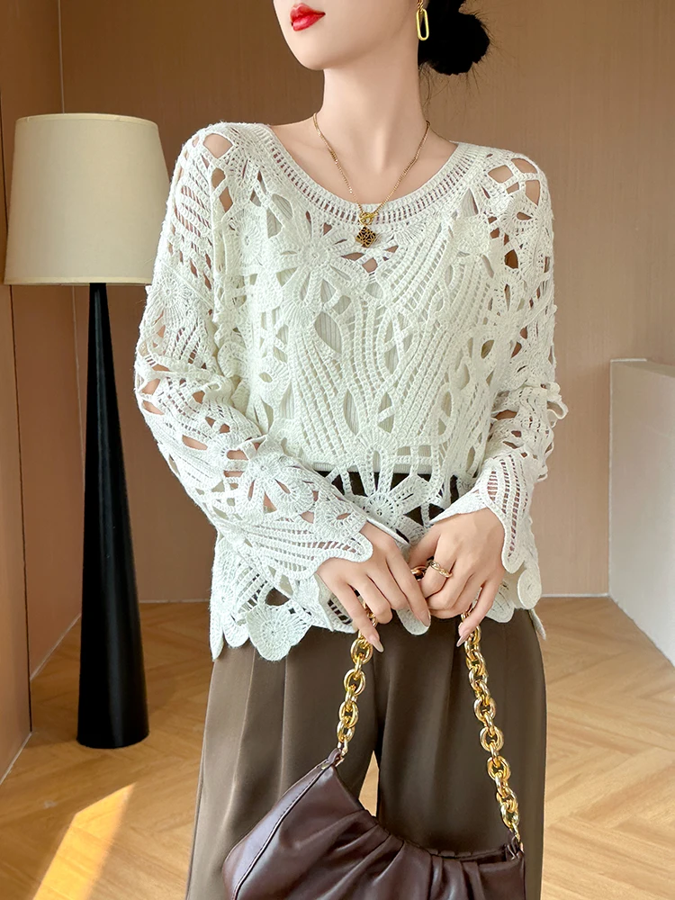Women Wool Pullover Casual Loose Style One Collar Lace Hollow Sweater Cashmere Sweater Autumn Winter 100% Merino Wool Knit Tops - Detail 1