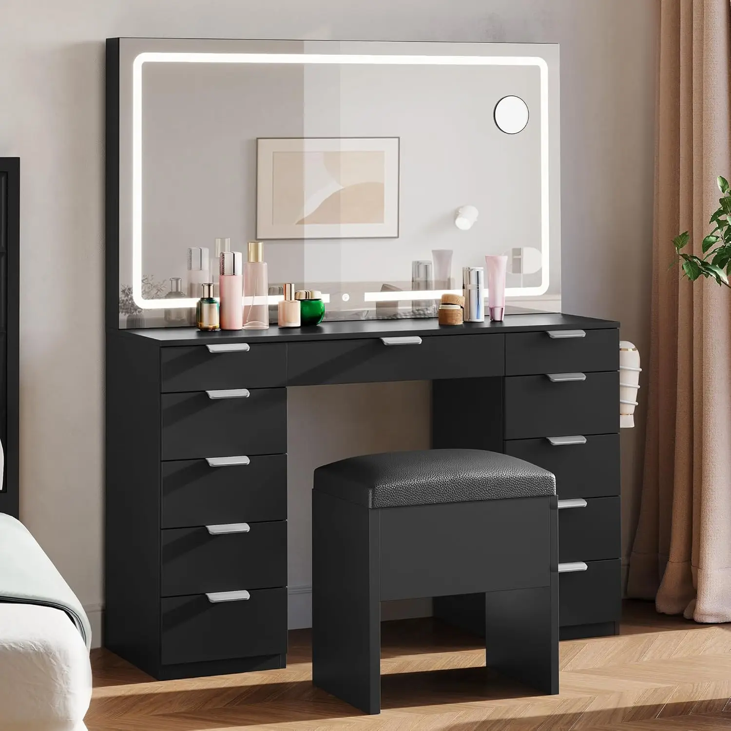 DWVO 46'' Makeup Vanity Set with LED Mirror & Power Outlets, 11-Drawer Vanity Desk with Magnifying Glass and Storage Stool