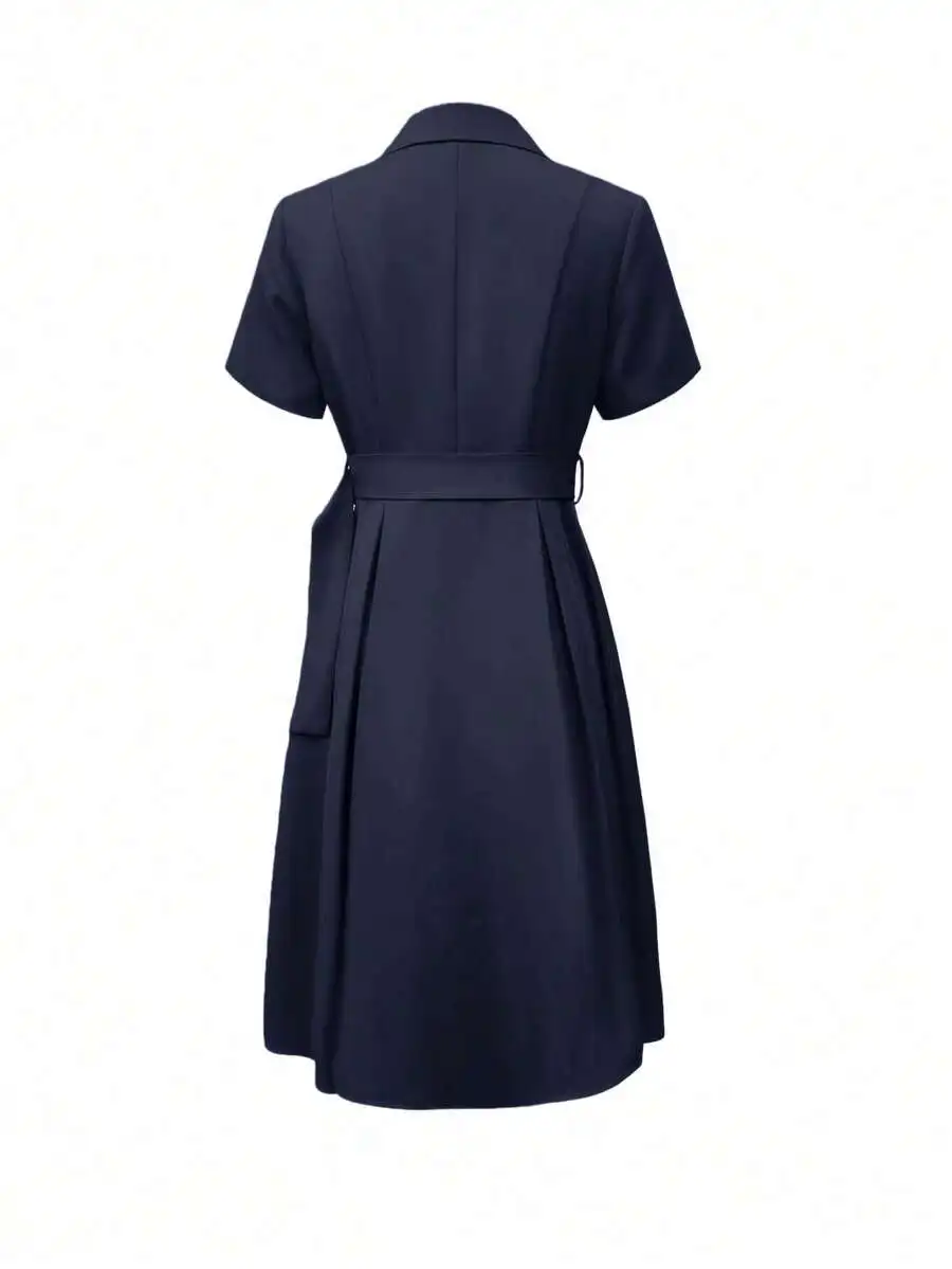 

Elegant Minimalist Short Sleeve A-Line Dress With Lapel Collar And Waist Belt