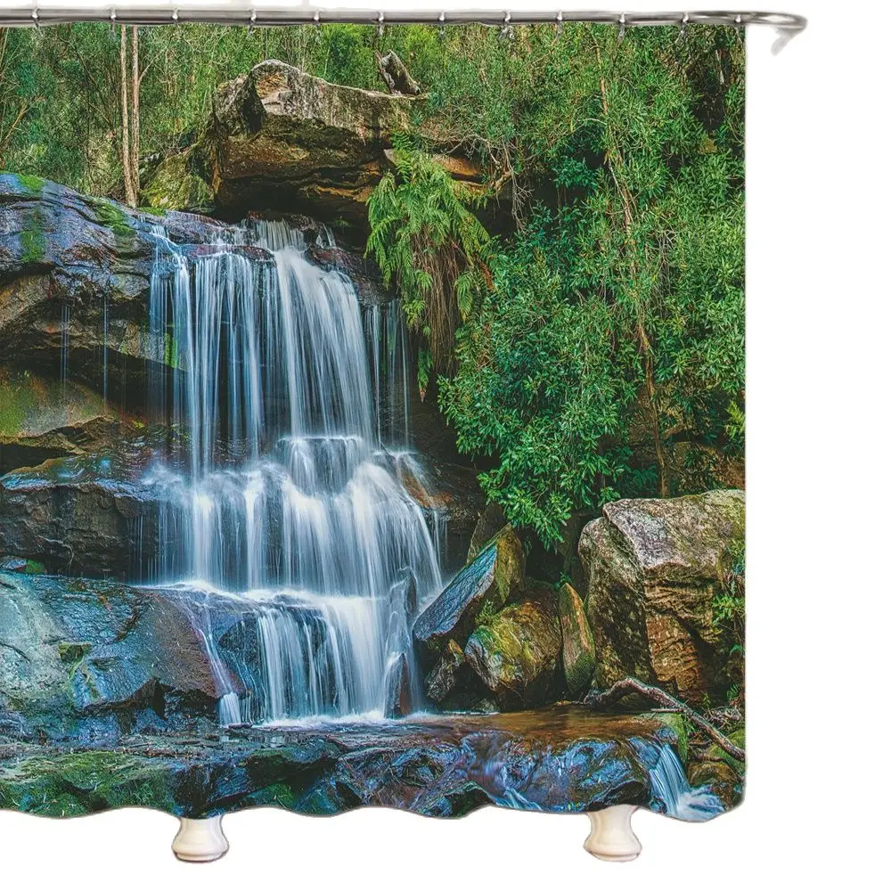 3D Forest Shower Curtain Green Plant Mountain Spring Water Shower Curtain Hook Bathroom Waterproof Scenery Decorative Curtain