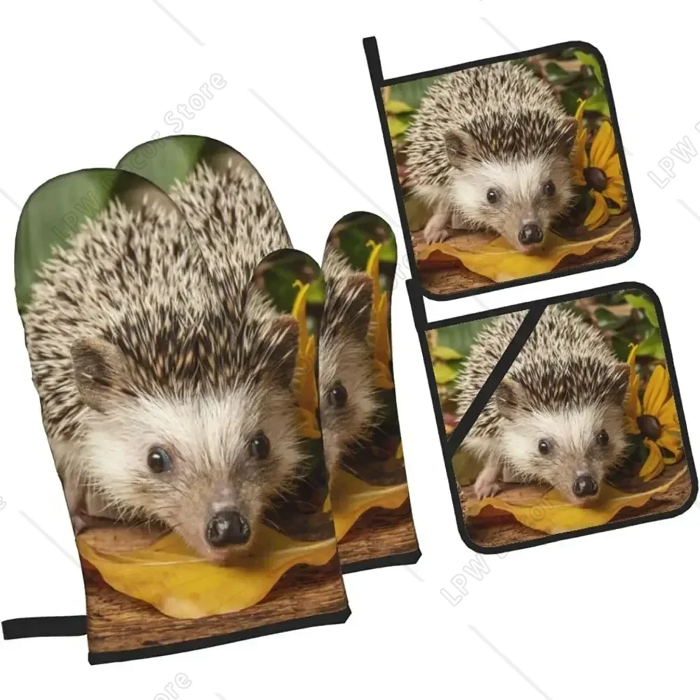Funny Hedgehog Oven Mitts and Pot Holder Sets 4PC Heat Resistant Non-Slip Gloves for Home Cooking Baking Grilling Dining BBQ
