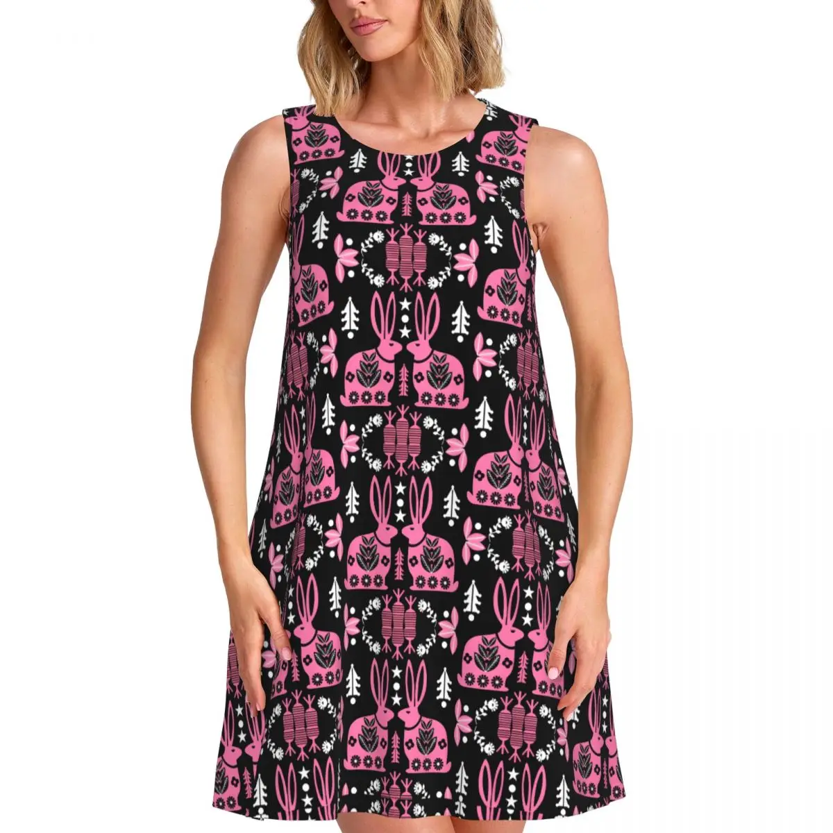 Rabbit Nordic Dress Kawaii Animal Club Dresses Lady Sleeveless Korean Fashion Tank Dress Spring Pattern Oversize Clothing