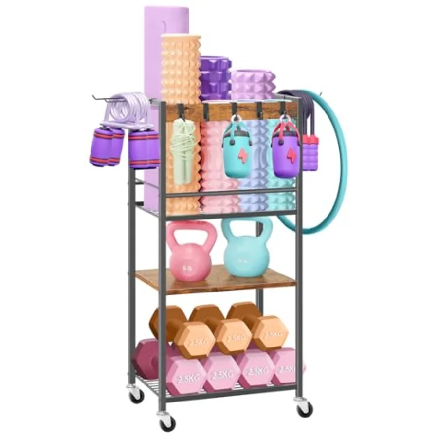 

Home Gym Storage Rack Heavy Duty Yoga Mat Holder Workout Equipment Storage Organizer Weight Rack with Hooks and Wheels for Dumb