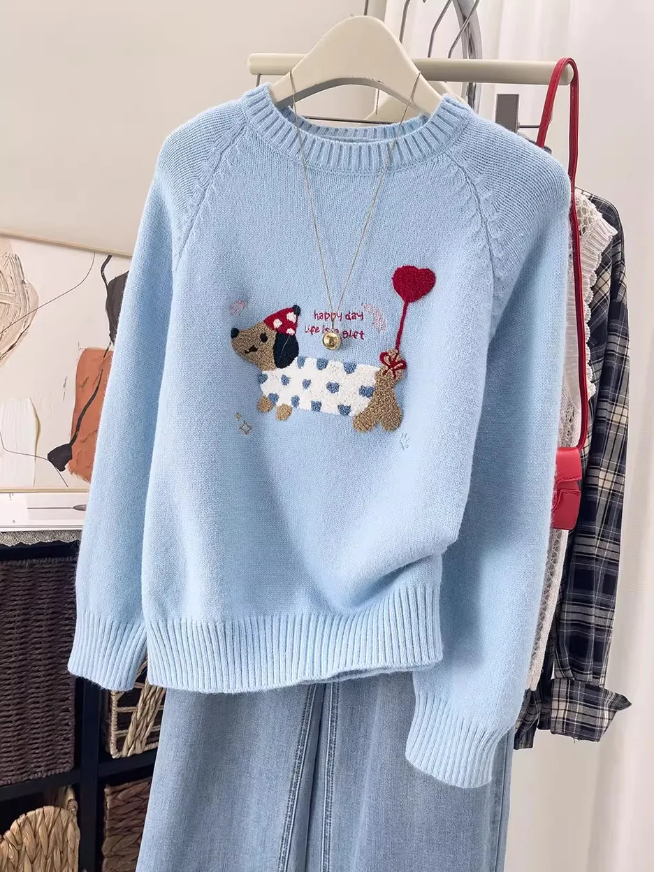 

Cute Embroidered Knitwear Loose Fit round Ne Women's Outerwear Blue Oversize Cover Belly Sweater Large Size Top for Autumn ...