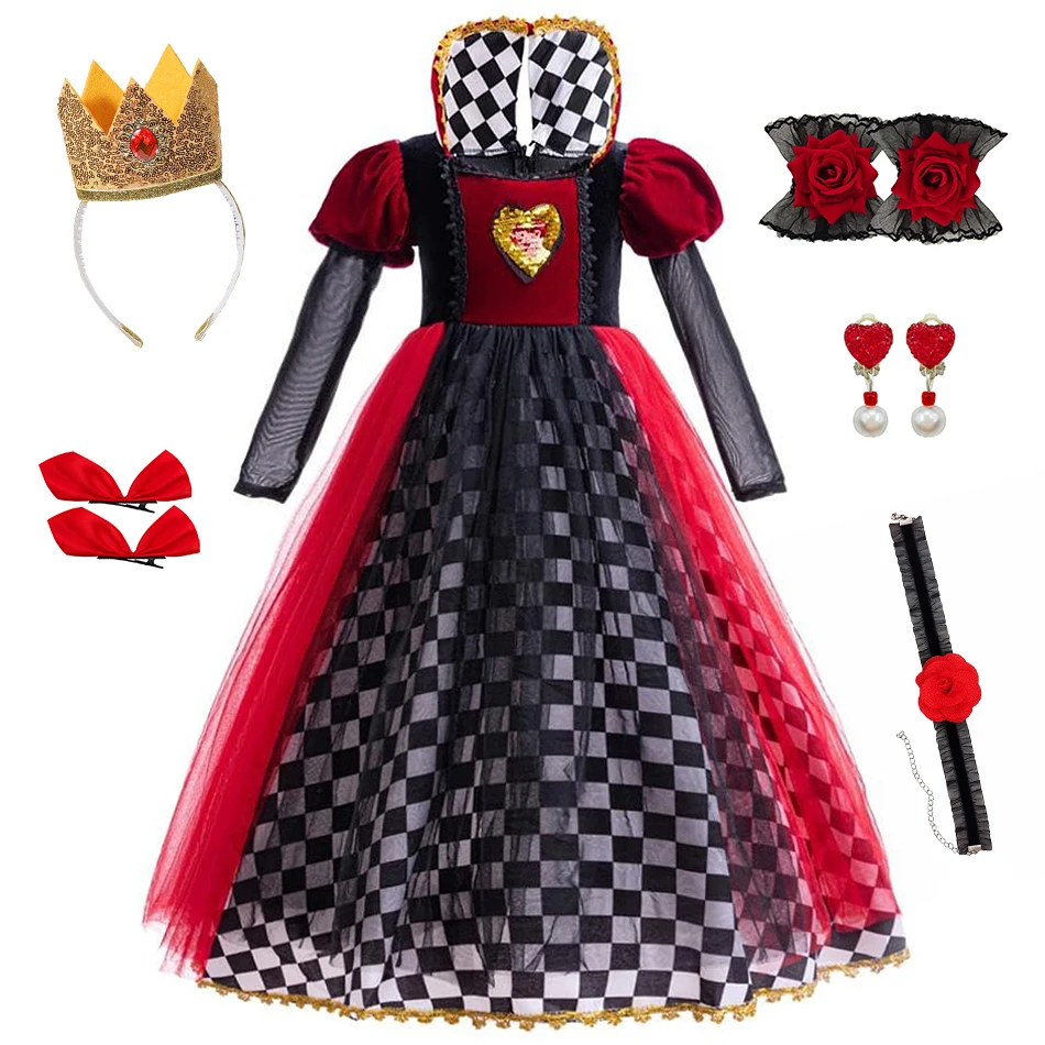 Hexen-Rollenspiel Prinzessinnenkleid für Kinder Rote Königin Cosplay Langarm Halloween Geburtstagsparty Kleid Mädchen Kariertes Auftrittskostüm