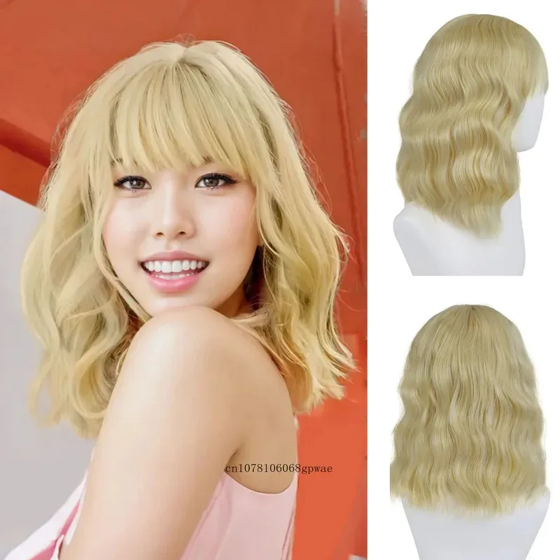 

Synthetic Hair Blonde Short Curly Bob Wigs with Bangs Yellow Lolita Cosplay Wig for Women Daily Party Cosplay Heat Resistant