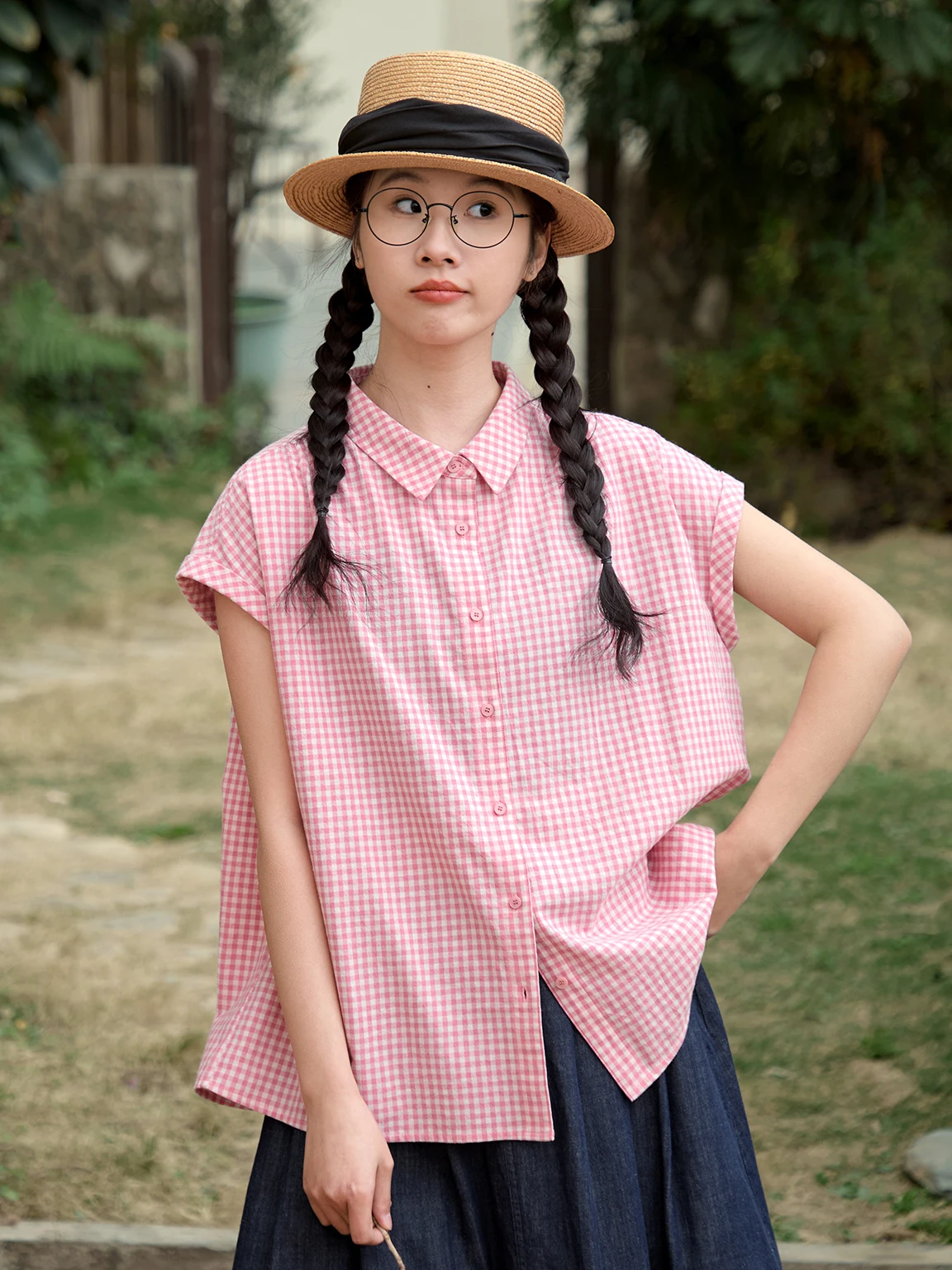 

Оригинальная женская рубашка в клетку в стиле ретро, ​​летняя рубашка с эффектом похудения, с воротником, прикрывающим плечи, повседневный модный топ из дышащей хлопковой смеси