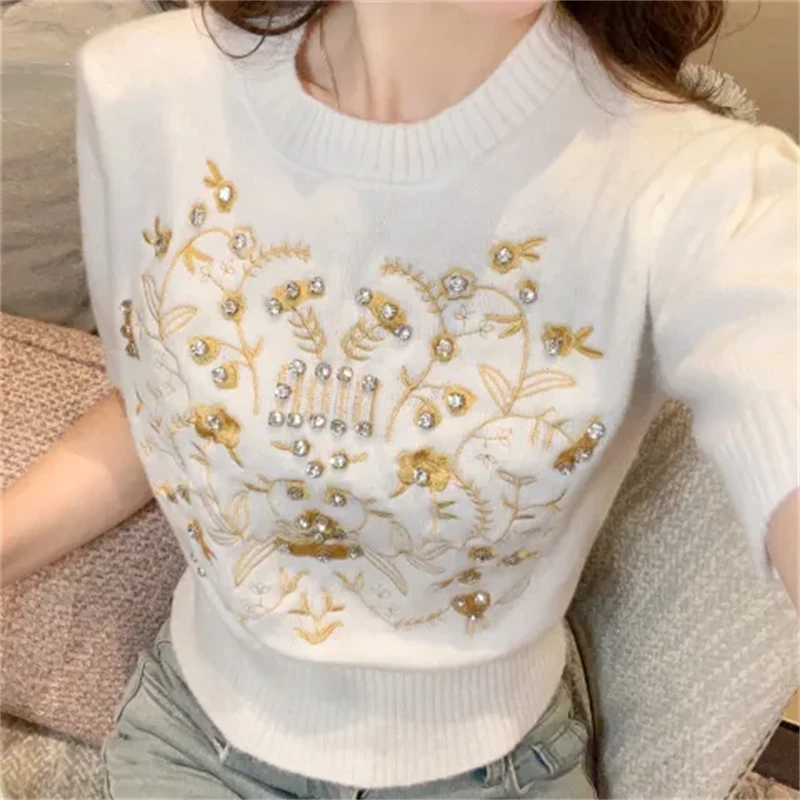 

Women's Clothing Elegant Fashion Embroidery Rhinestone Chic Knitwear Spring Summer Casual O Neck Short Sleeve Slim Pullover Tops