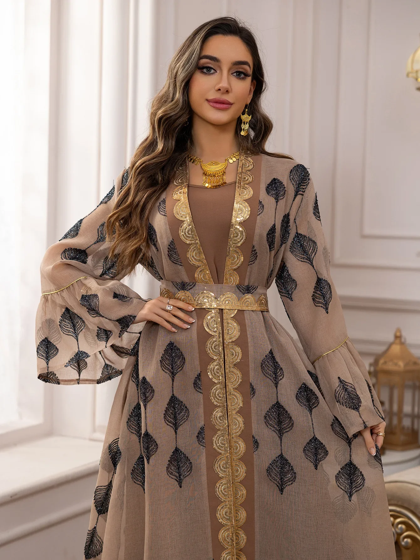 

2PCS Muslim Flare Sleeve Abaya Sequin Embroidery Kimono Jalabiya Robe Kaftan Women Islam Evening Party Dress Eid Ramadan Caftan