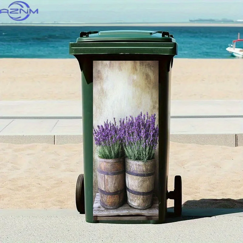 2D Flat, 1pc Trash Can Sticker - Rustic Wooden Barrel & Blooming Lavender Design, Peel-and-Stick Garbage Bin Decal for Modern